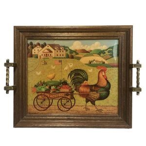 VTG Charles Wysocki Rooster Express Wood Lacquered Service Tray Wall Art Cottage